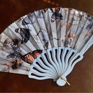 Butterfly Print Fabric Folding Hand Fan White Plastic Frame Gold Ring Boho